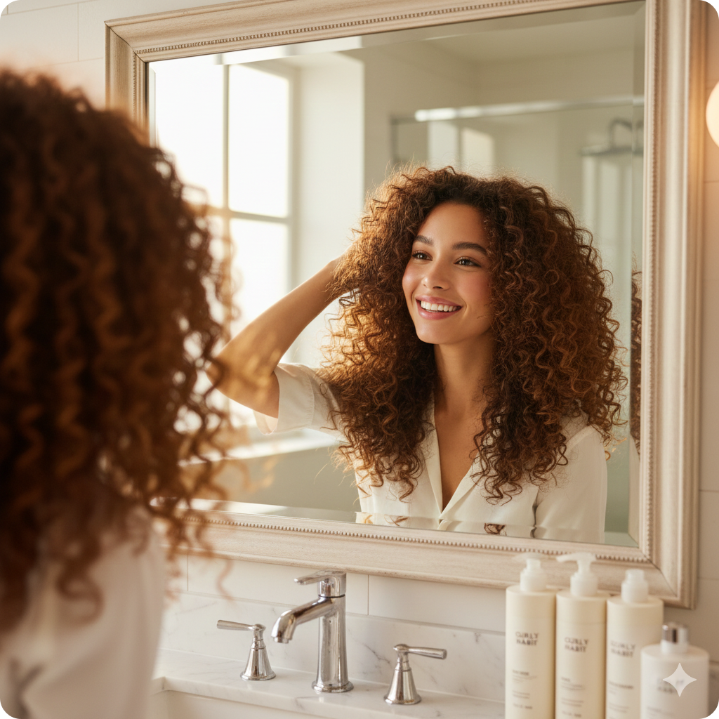 건강하고 탄력 있는 곱슬 컬을 가진 모델이 거울을 보며 자신감 있게 미소 짓는 모습