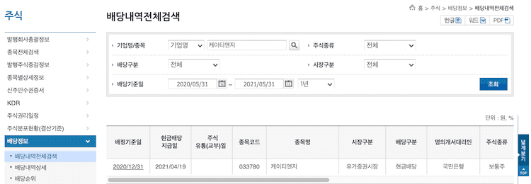 배당기준일 정보 조회