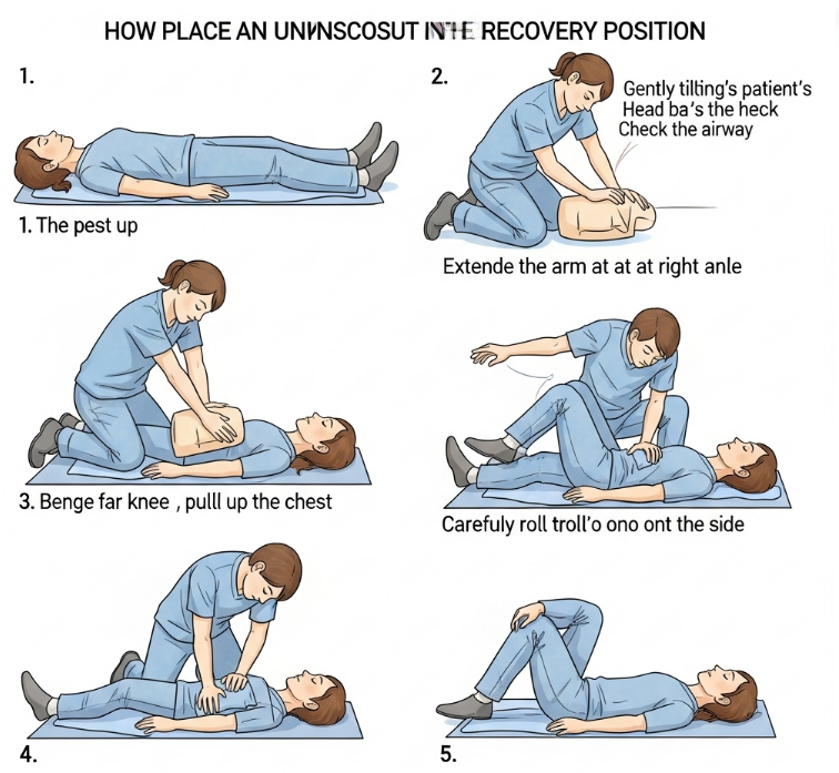 의식을 잃은 환자를 회복 자세로 놓는 단계별 일러스트