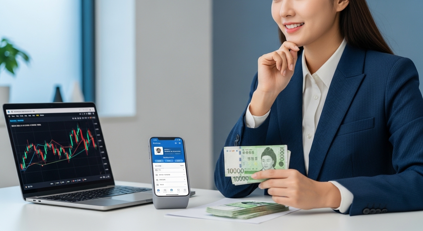 스마트폰과 노트북을 보며 10만원권 지폐를 들고 있는 사회초년생이 미래 투자를 고민하는 모습