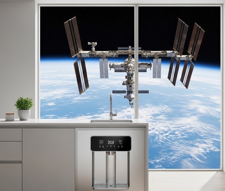 세련된 현대식 아파트 주방의 빌트인 정수기 너머로, 창밖 우주 궤도에 떠 있는 국제우주정거장(ISS)의 모습이 중첩되어 보이는 이미지. 우주에서 소변과 땀을 식수로 재활용하기 위해 개발된 NASA의 역삼투압 기술이 우리 집 주방 정수기로 이어졌음을 상징적으로 표현