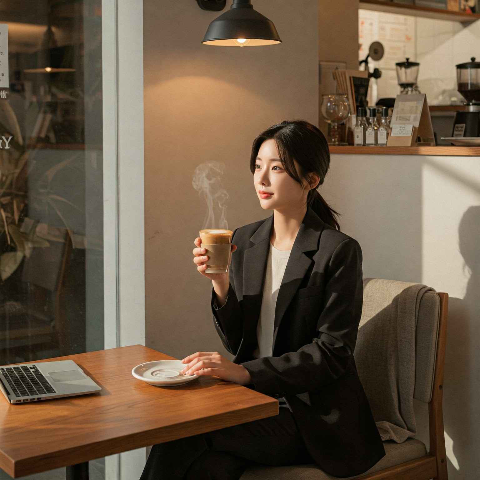 퇴근 후 카페에서 커피를 마시며 여유를 즐기는 직장인 여성 – AI 코치 사용 후 감정 정리 시간