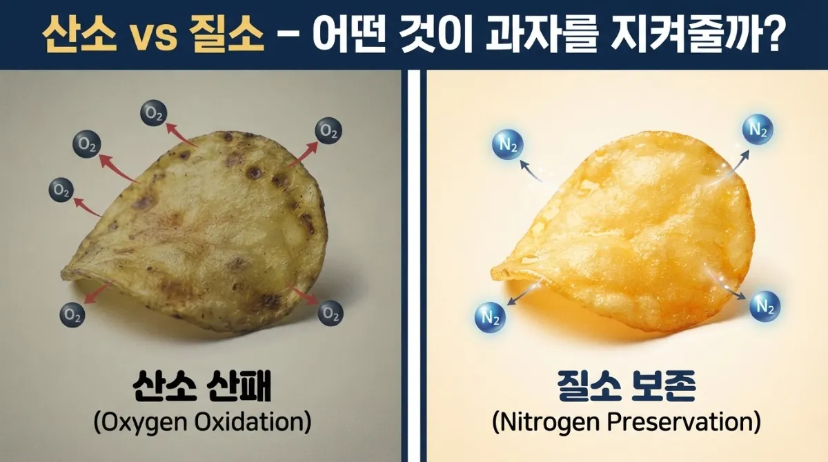 산소에 노출되어 기름이 산패된 감자칩과 질소로 보존된 신선한 감자칩의 시각적 비교