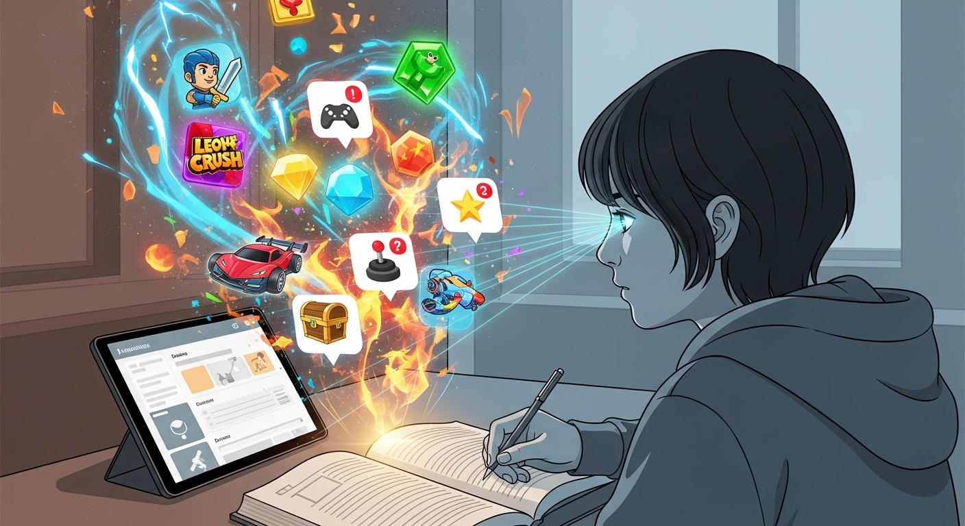 게임 요소에 집중력이 분산되어 학습 본질을 놓치고 있는 학생의 모습, 과도한 게임화의 부작용을 시각적으로 표현