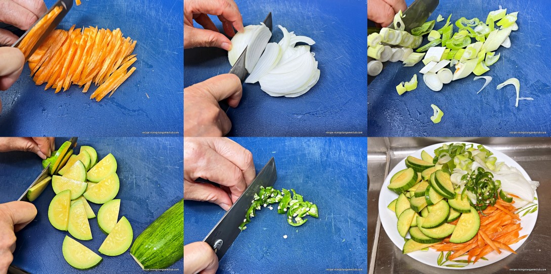 바지락 칼국수에 들어갈 채소들을 손질하는 사진 (당근, 양파, 파, 애호박, 청양고추)