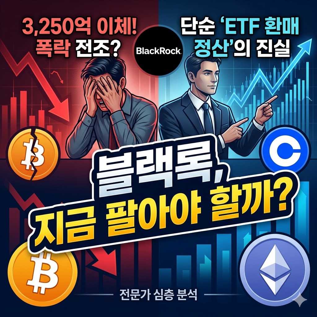 블랙록의 3,250억 원 규모 비트코인 및 이더리움 코인베이스 이체 이슈와 관련하여, 폭락을 우려하며 고민하는 투자자와 ETF 환매 정산의 진실을 분석하는 전문가의 모습을 대비시켜 보여주는 수익형 블로그 썸네일