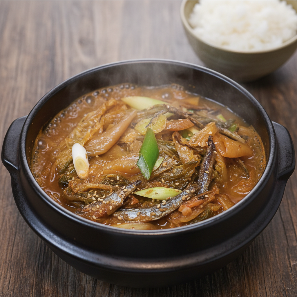 김대석 셰프의 구수한 묵은지 멸치 김치찜 완성 요리