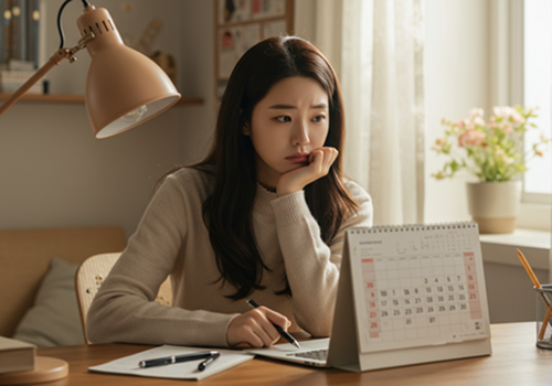 중요한 일정을 앞두고 생리 예정일을 확인하며 고민하는 한국 여성의 모습, 생리 주기 조절 고민.