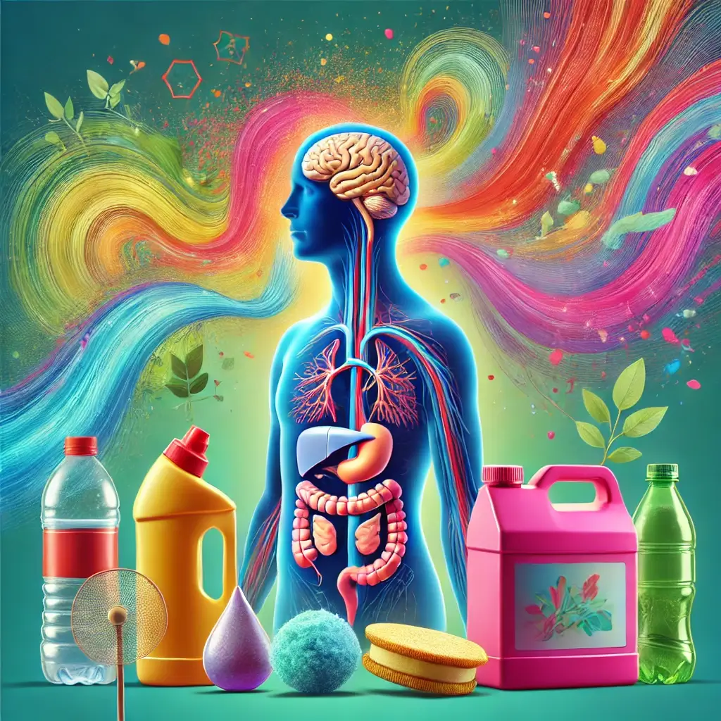 플라스틱-병-화장품-용기-세재-음식-포장재에서-화학-물질을-상징하는-추상적인-연기가-방출되는-모습을-보여주는-이미지-중심에는-영향받는-신체