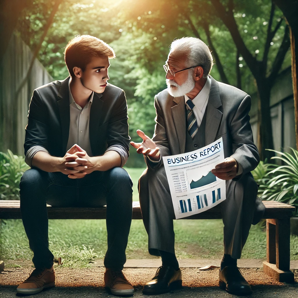 부자의 그릇에서 부자 노인이 젊은 사업가에게 조언을 해주고 있는 모습