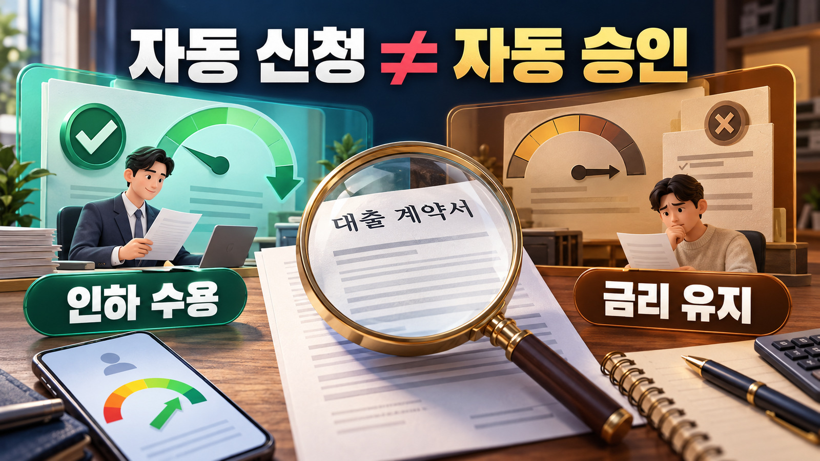 대출계약서를 중심에 두고 금융회사의 금리인하 수용과 금리 유지라는 두 심사 결과를 나란히 비교한 이미지