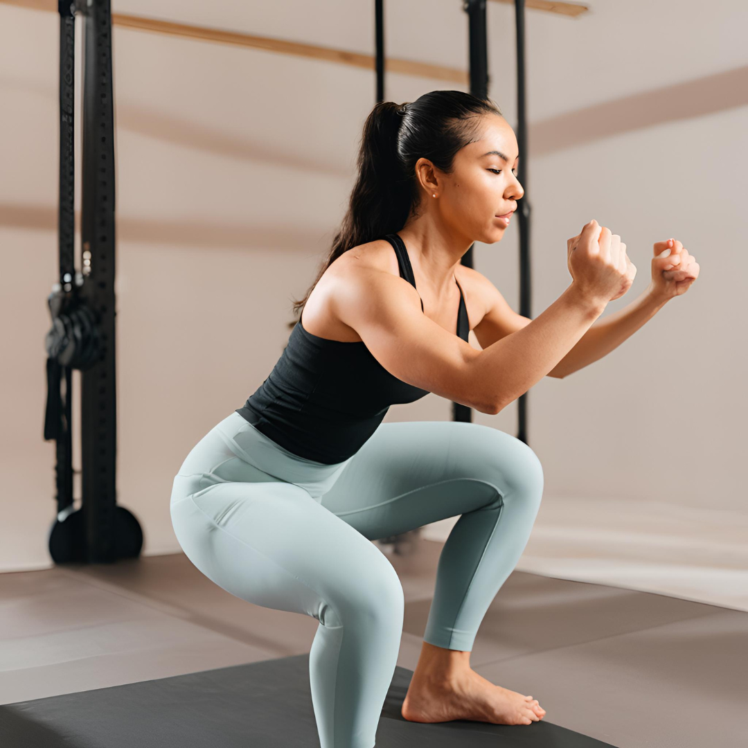 바른 자세로 스쿼트하는 군살없는 여성 이미지사진