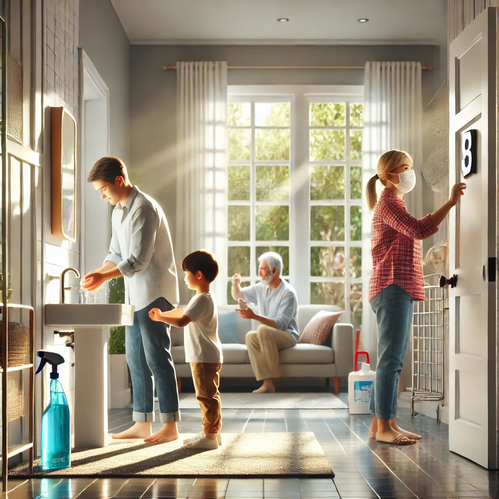 가족이 집에서 손 씻기와 표면 소독 등 건강 습관을 실천하는 모습