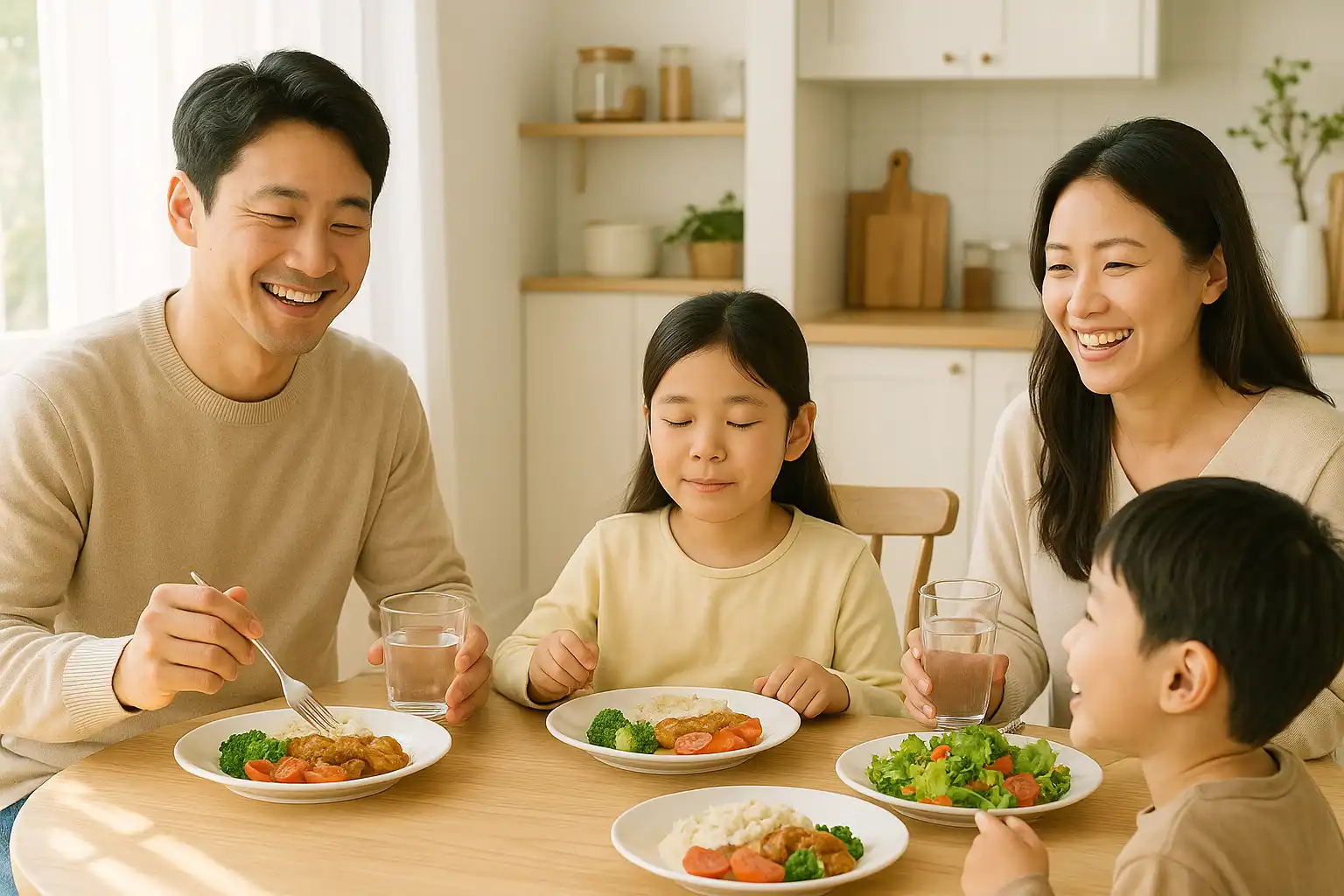 웃으며 식사하는 가족, 입을 다물고 천천히 씹는 모습, 물잔을 손에 든 사람, 올바른 식습관