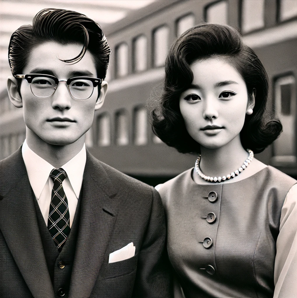 한국 드라마. 흑백 사진. 1960년대 남녀 주인공. 양복과 양장 차림의 모습