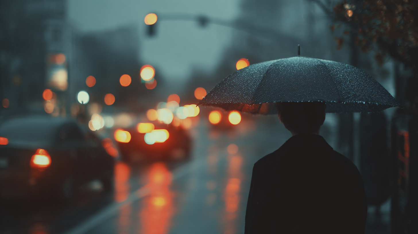 비오는날 우산을 쓰고 퇴근하는 직장인 사진