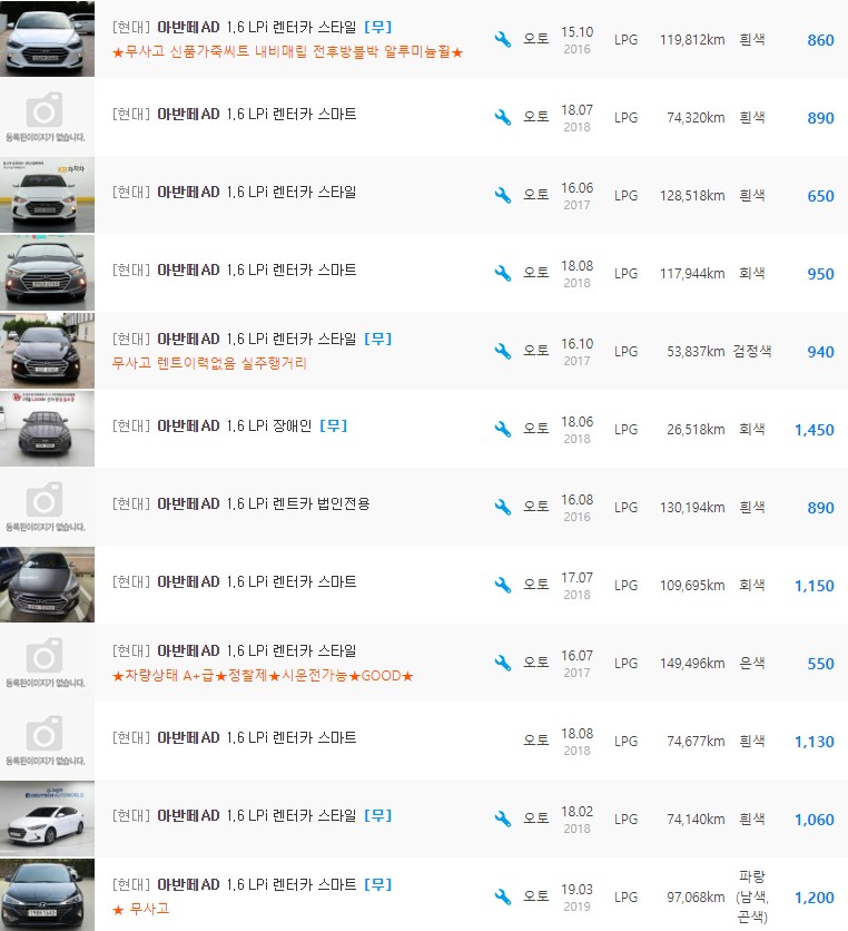 아반떼AD 1.6 LPi 등급 중고차 시세 : 550만원 ~ 1,450만원