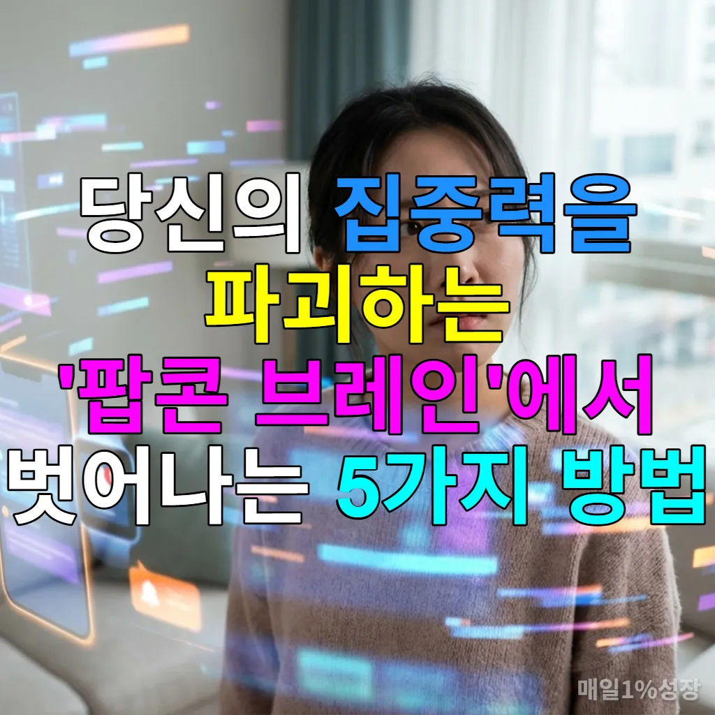 디지털 자극에 둘러싸여 집중하기 힘들어하는 한국 여성의 모습