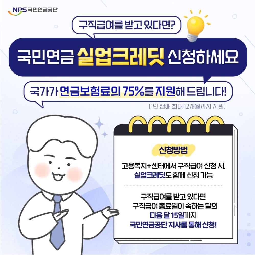 국민연금 실업크레딧 신청으로 국민연금 납부액 75% 지원받으세요.