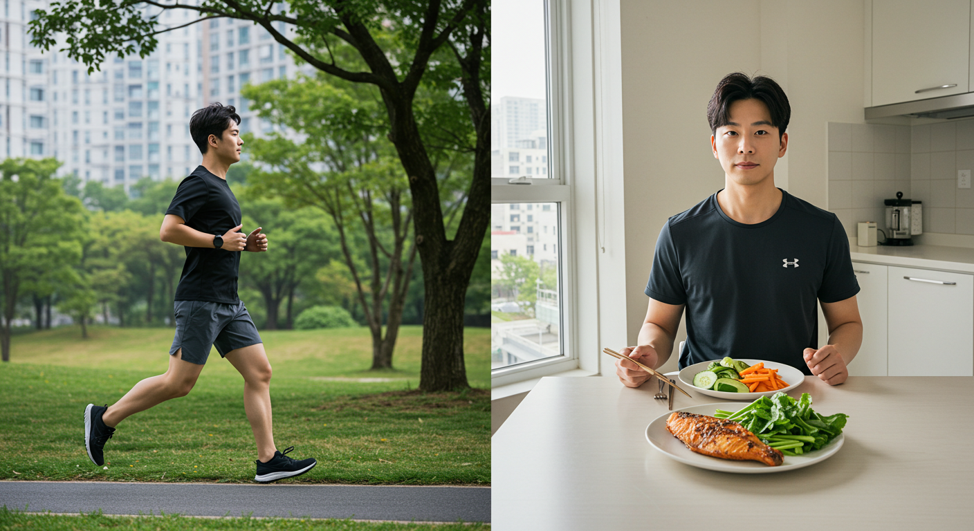 운동과 저칼로리 식사를 하는 남성