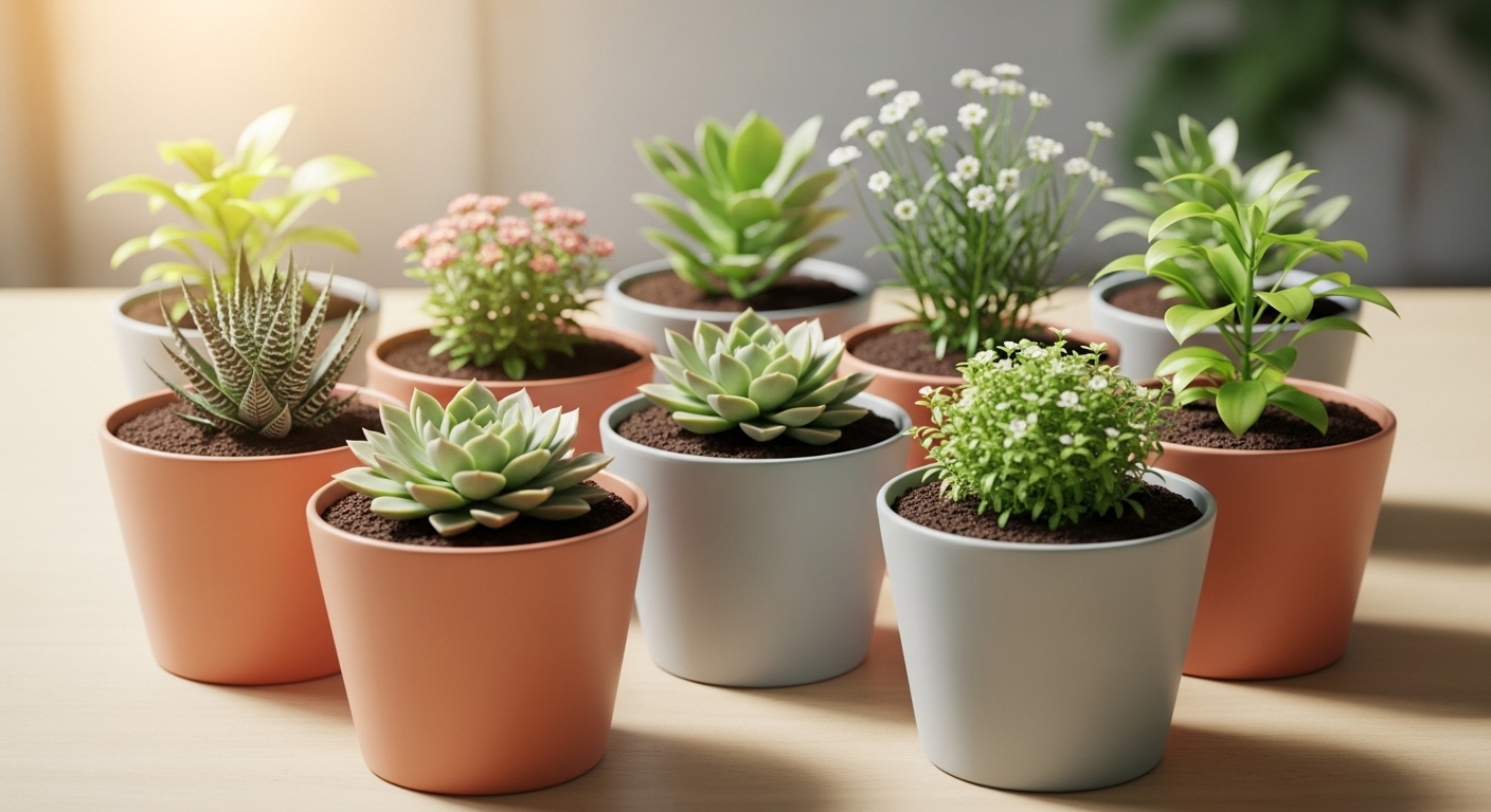 여러 화분에 균형 있게 심어진 식물들이 분산 투자의 안정성을 보여주는 이미지.