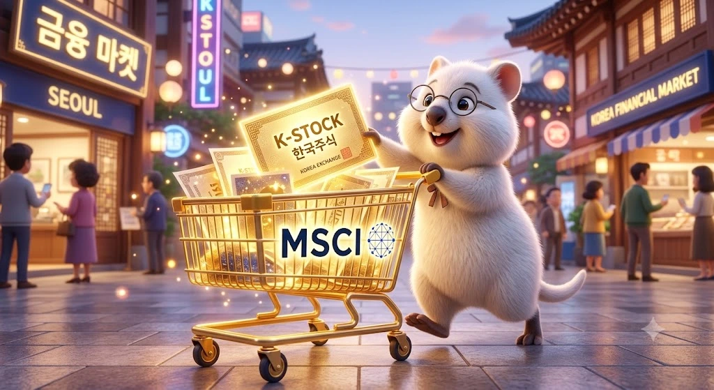 안경을 쓴 귀여운 쿼카가 K-STOCK(한국주식) 티켓을 MSCI라고 적힌 황금 쇼핑카트에 담는 3D 일러스트. 글로벌 자산운용사들이 한국 우량주를 기계적으로 사들이는 패시브 자금의 원리를 '마법의 장바구니'로 시각화했습니다.