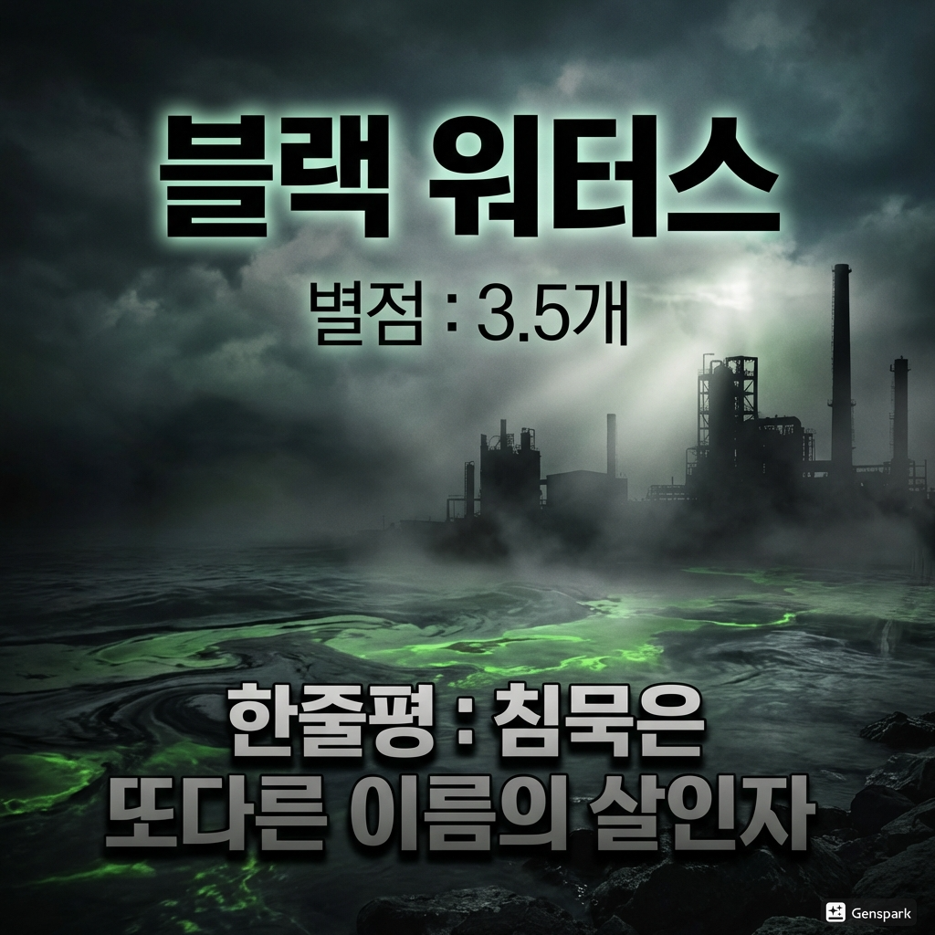 공장과 오염된 강의 배경이미지.
영화제목:블랙 워터스, 별점, 한줄평 문구가 삽입됨.