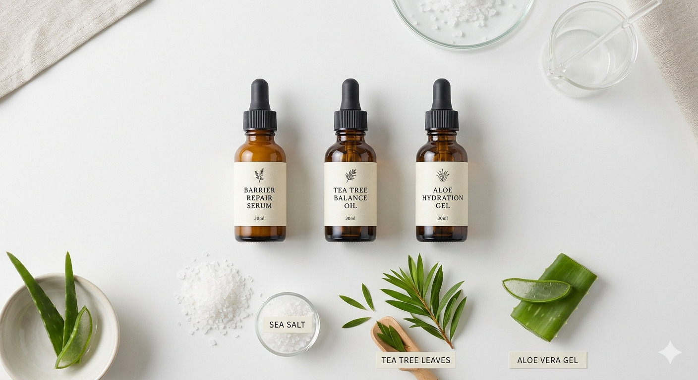A clean, professional laboratory-style wellness flat lay on a matte white surface. In the center, three minimalist glass dropper bottles are arranged neatly, each with a small premium label. Surrounding the bottles are raw natural ingredients a small pile of natural sea salt crystals, fresh tea tree leaves, and a small piece of pure aloe vera gel.