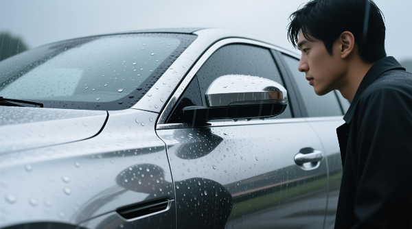 남성이 자신의 차량의 워터스팟을 쳐다보는 장면