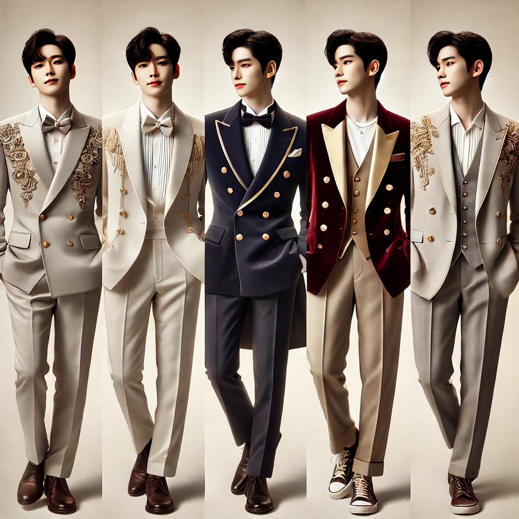 5가지 대표 무대 의상을 입고 포즈를 취한 룩북 스타일의 콜라주