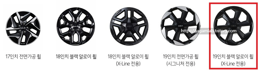 2026 쏘렌토 하이브리드 17인치 전면가공 휠, 18인치 블랙 알로이 휠, X-Line 전용 18인치 블랙 알로이 휠, 시그니처 전용 19인치 전면가공 휠, X-Line 전용 19인치 블랙 알로이 휠 디자인
