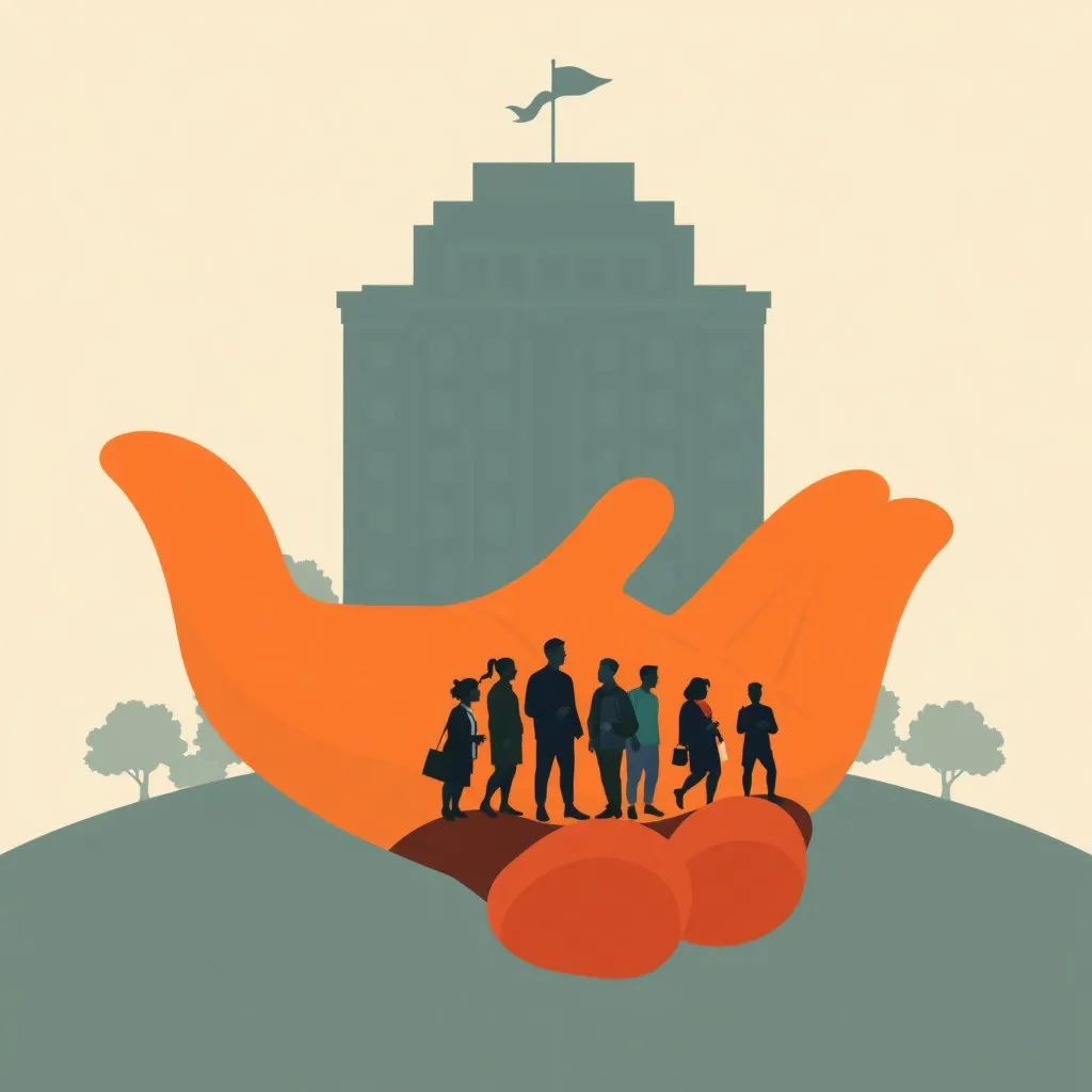 경기도청 건물을 배경으로, 큰 손이 작게 표현된 대학생들을 감싸 안아주는 듯한 추상적인 이미지입니다. 학생들이 안심하고 미래를 계획할 수 있도록 돕는다는 의미를 담아주세요.