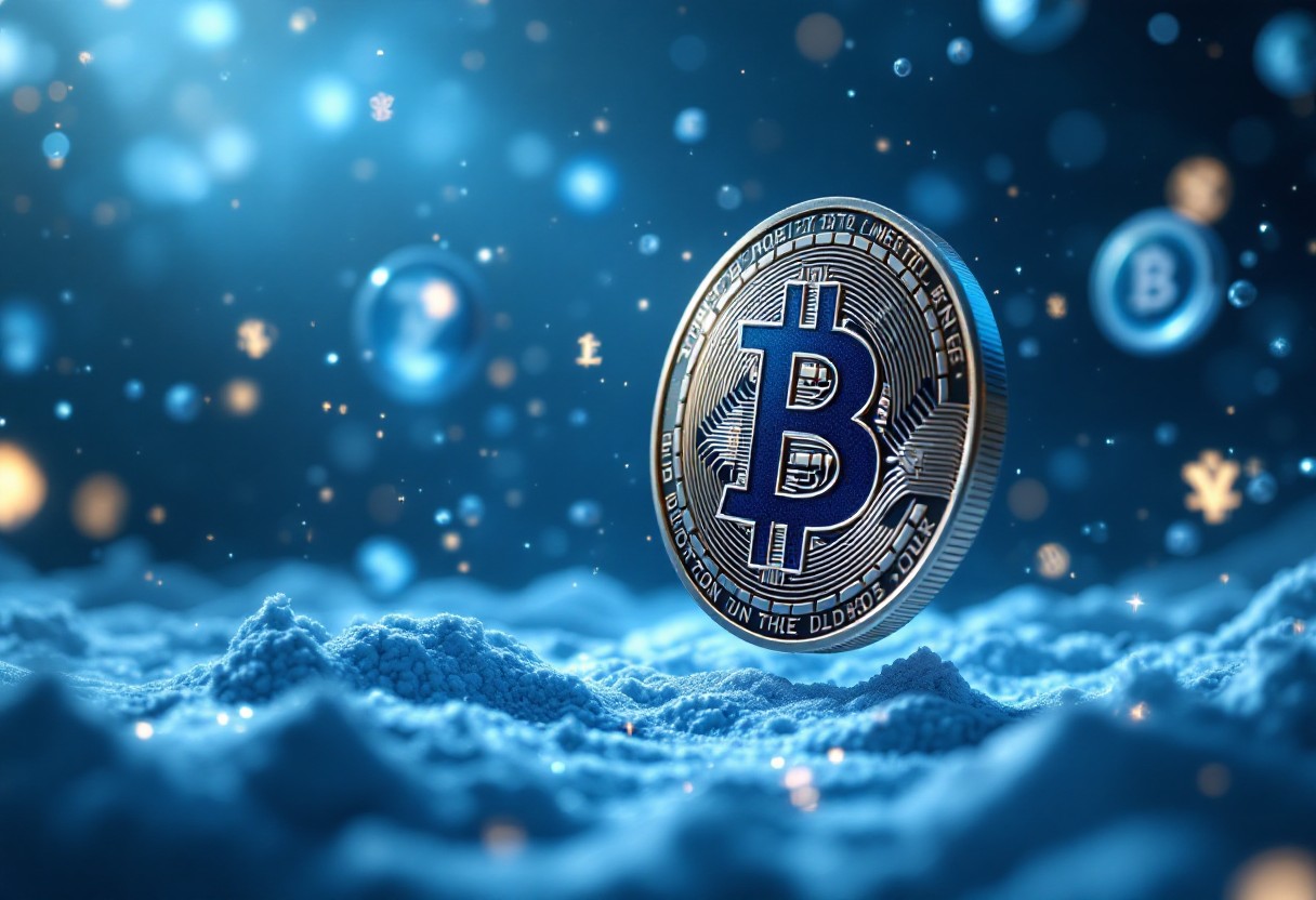 푸른 빛 디지털 환경 속 비트코인 코인