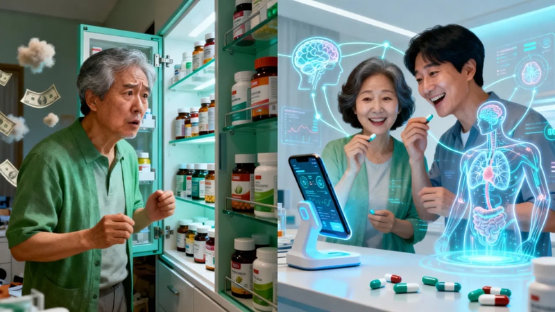 수많은 영양제 앞에서 혼란스러워하는 중장년 남녀와 AI 분석 기반 맞춤 영양제를 섭취하며 건강을 관리하는 모습. AI 맞춤 영양제의 효과와 선택법.