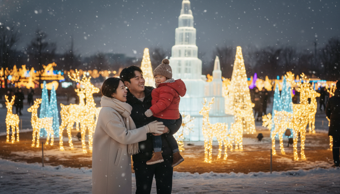 경기도 겨울 축제에서 반짝이는 불빛을 구경하며 즐거워하는 가족의 모습