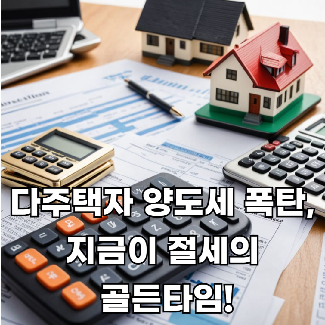 다주택자 양도세 , 계산기와 집 모형, 세금 폭탄 이미지