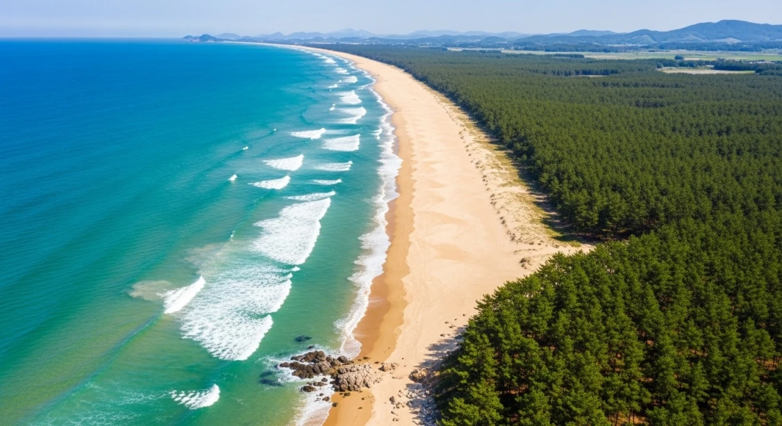 충남 태안 해안국립공원의 푸른 바다와 해송 숲, 깨끗한 해변이 어우러진 항공 사진.