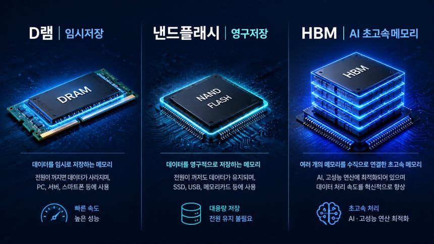 D램 낸드플래시 HBM 메모리 반도체 종류 비교