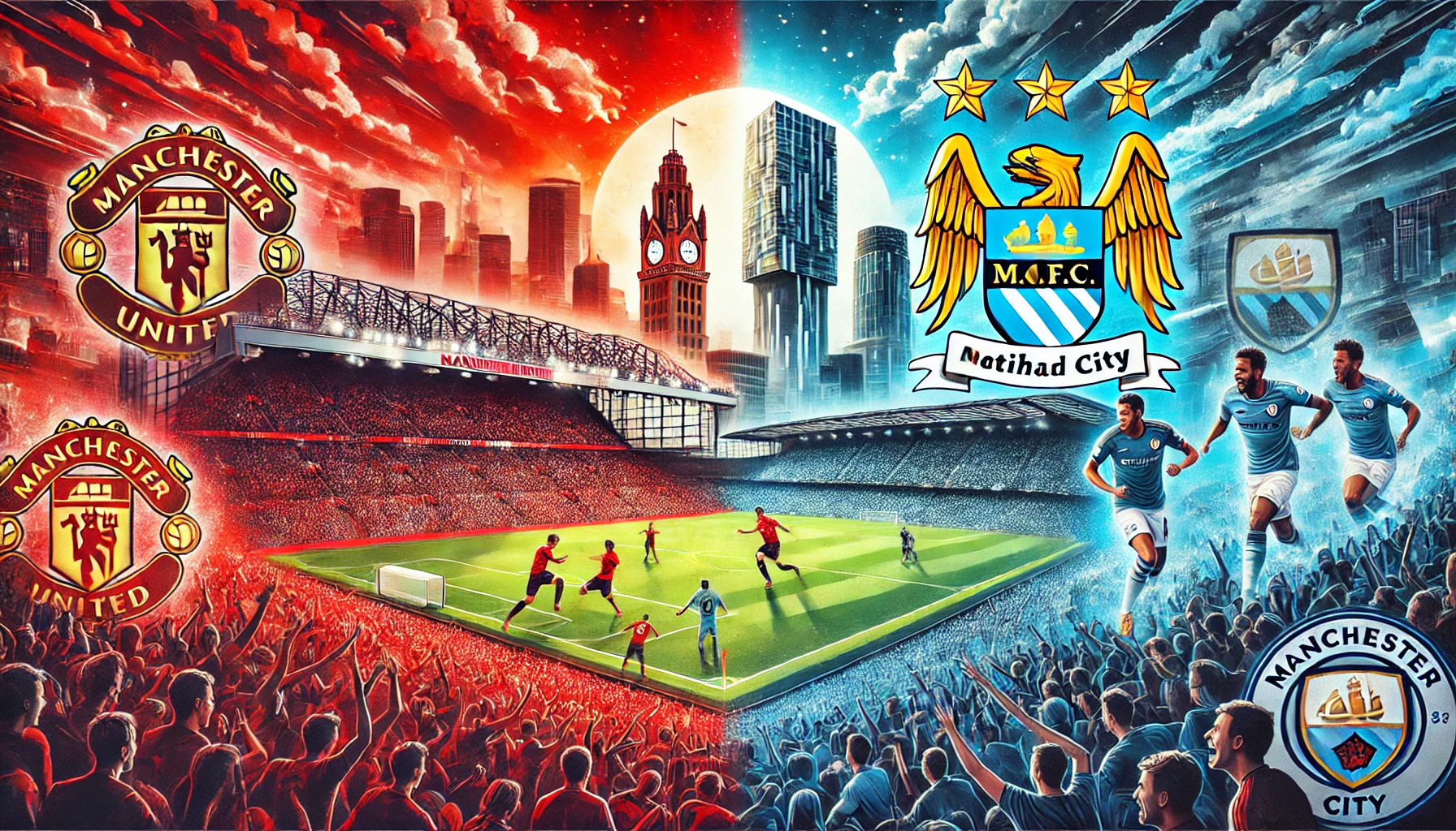맨체스터를 대표하는 두 클럽인 맨체스터 유나이티드와 맨체스터 시티를 나타내는 이미지