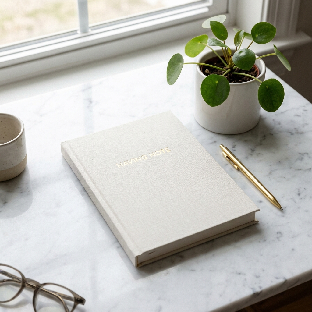 고급스러운 대리석 책상 위에 놓인 'Having Note'라고 적힌 미니멀한 디자인의 일기장. 그 옆에 놓인 세련된 금색 펜과 작은 초록색 화분이 조화를 이루며, 밝고 화사한 분위기의 8k 고해상도 라이프스타일 사진.