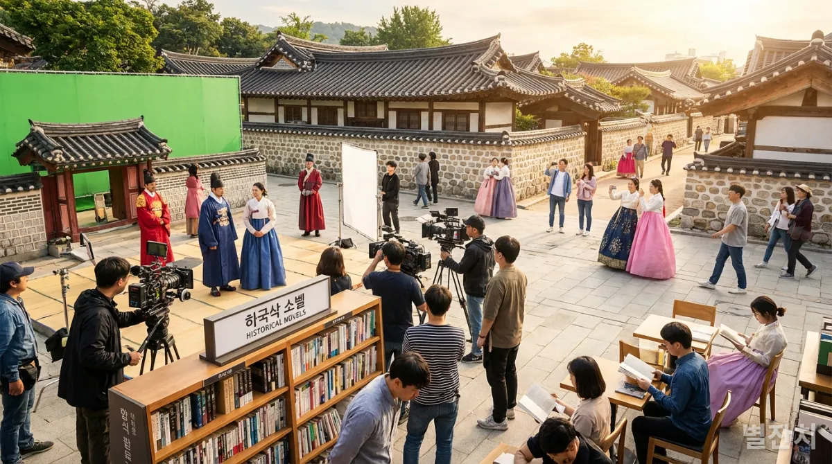 역사 드라마 촬영 현장, 서점에서 역사 책을 읽는 사람들, 고궁을 방문한 관광객 등 다양한 역사 콘텐츠 활동.