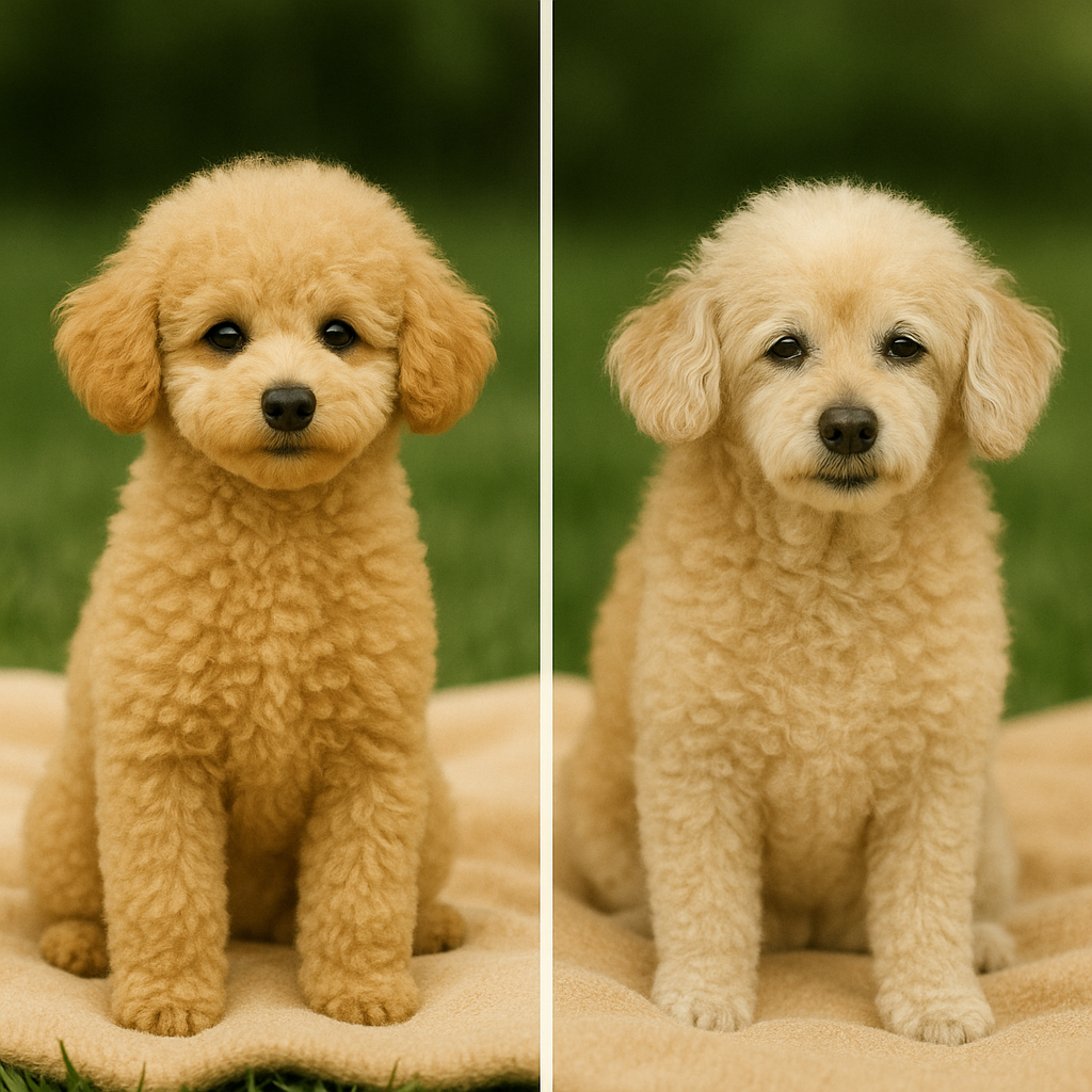 왼쪽에는 생기 넘치는 어린 푸들이, 오른쪽에는 눈가에 흰 털이 생긴 노령 푸들이 같은 자세로 앉아 있다.
두 마리 모두 살구빛 담요 위 잔디밭에서 촬영되었으며, 시간의 흐름에 따른 변화를 보여준다.
한 반려견의 성장과 노화를 비교해 노령기의 시작을 시각적으로 표현한 장면이다.