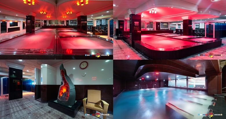 상/하, 좌/우측사진은 실내 보양온천 내부 인테리어 사진으로 노란색과 붉은색의 조명이 온천장을 비추는 전경과 수중에서 거품이 올라오는 사진