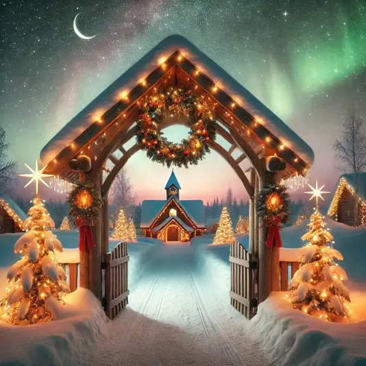 핀란드 산타클로스 마을에서 보는 오로라. 겨울 여행의 마법 같은 순간.