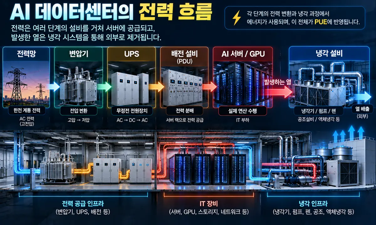 전력망부터 GPU 서버와 냉각설비까지 AI 데이터센터 전력 흐름
