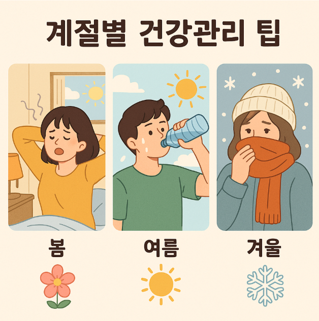봄철피로, 여름탈수, 겨울감기 건강관리 관련 이미지