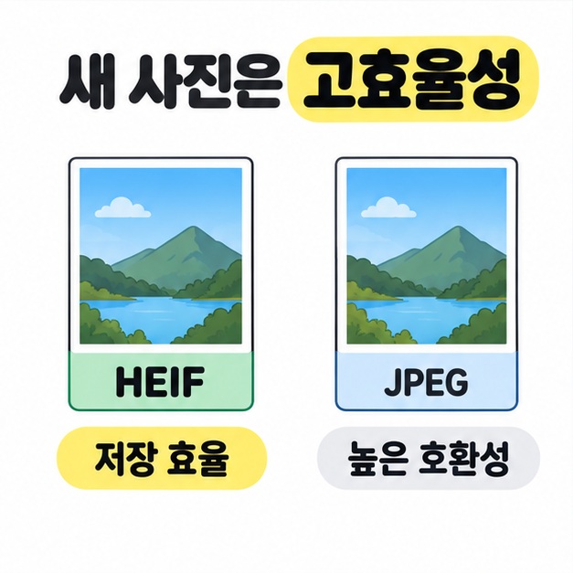 새 사진은 고효율성 문구 아래 HEIF의 저장 효율과 JPEG의 높은 호환성을 비교하는 풍경 사진 두 장