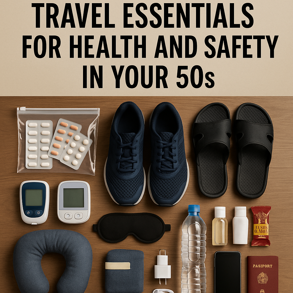 여행용 캐리어 내부에 깔끔히 정돈된 약 파우치&amp;#44; 혈압계&amp;#44; 편한 신발&amp;#44; 슬리퍼&amp;#44; 안대&amp;#44; 수분 보충용 텀블러&amp;#44; 충전 케이블이 정리되어 있음. 준비물은 연령대에 맞춘 실용 위주 구성이 돋보임.