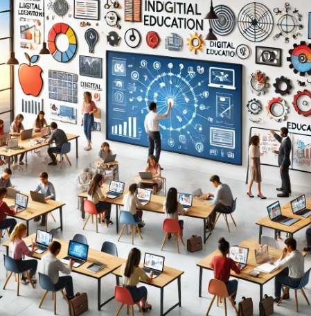 현대적인 교육 방법을 보여주는 매력적인 교실 환경, 다양한 학생들이 디지털 교육 도구를 활용하고 있는 모습