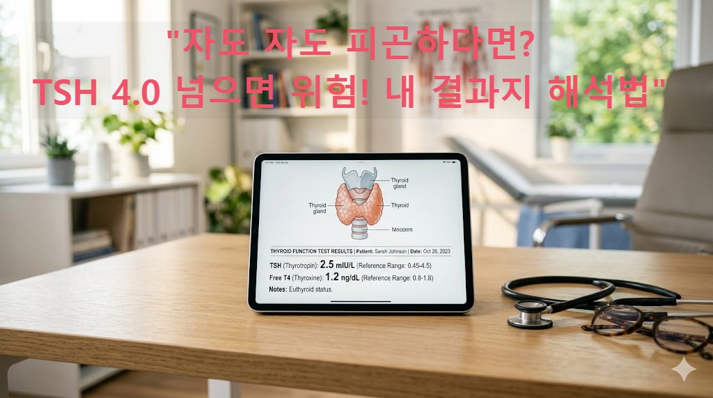 2026 갑상선 수치 정상범위와 TSH, Free T4 결과를 확인하는 전문적인 의료 리포트 이미지